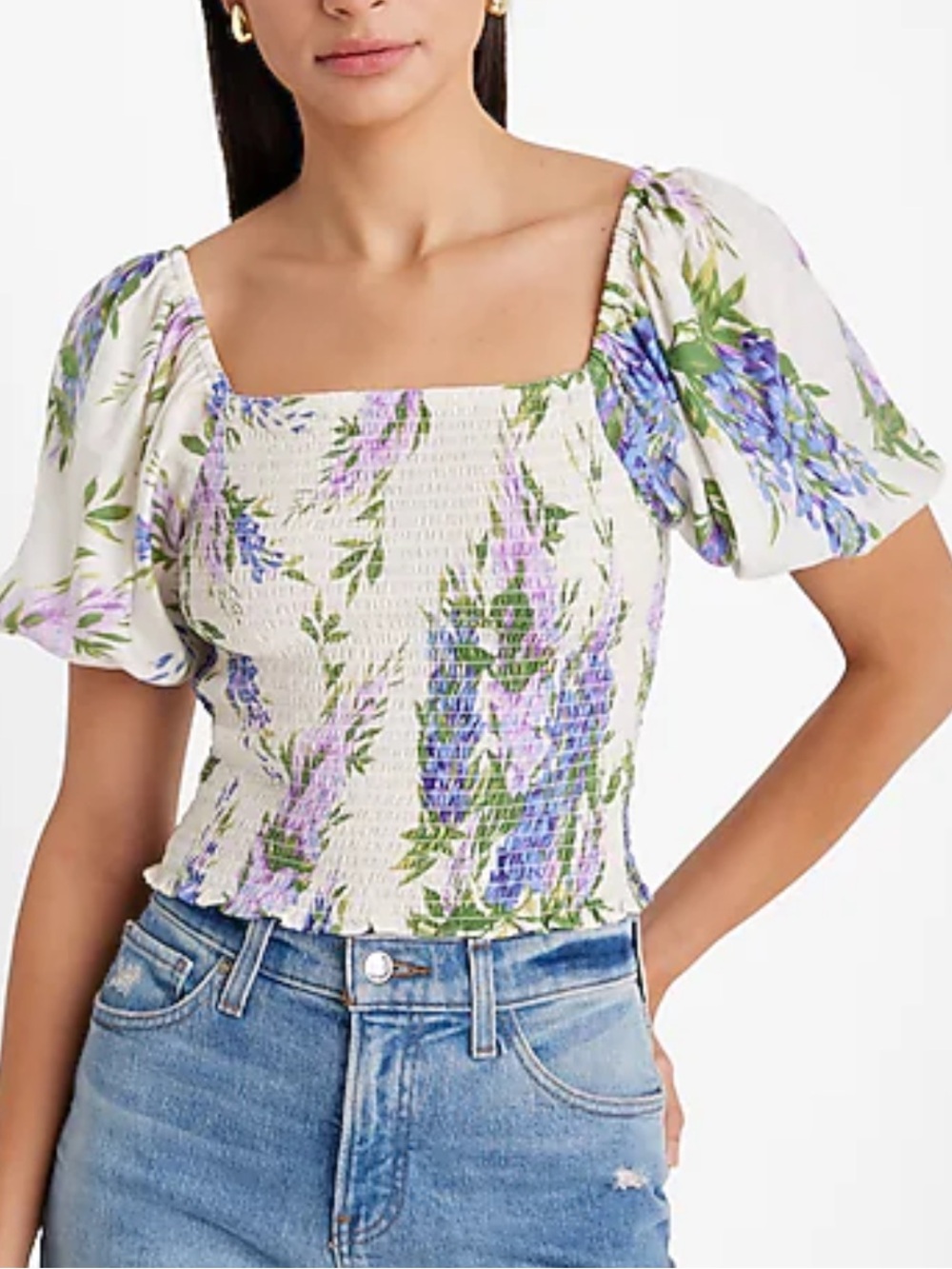 Express Smocked Square‎ Neck Floral Crop Top puff sleeves top blouse Sz M new